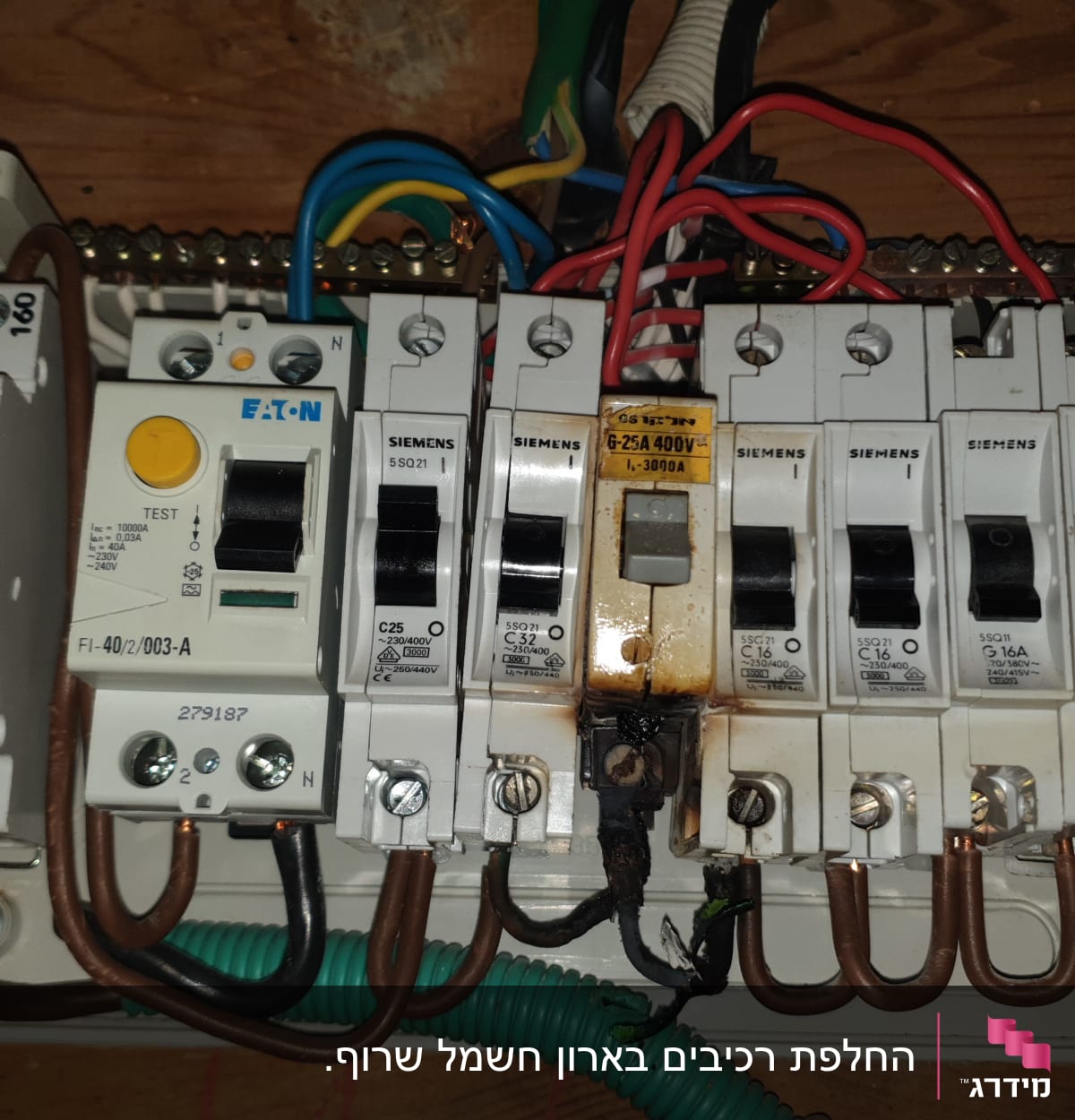 לוח חשמל עם מפסקים וחוטים צבעוניים